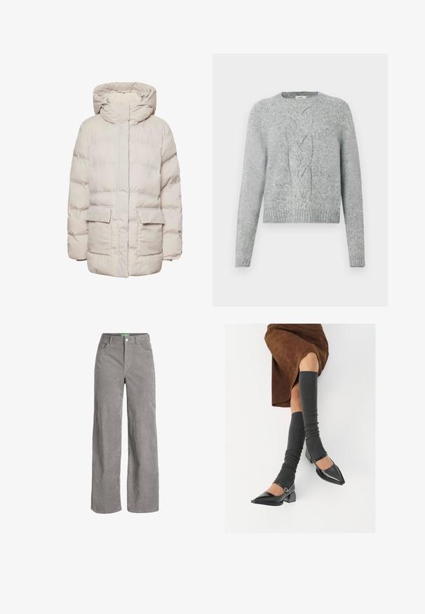 Pieces PCNORMA PUFFER - Ziemas mētelis - silver gray; Gaišs pelēks adīts džemperis ar garām piedurknēm, apaļu kakla izgriezumu un centrālu pīto rakstu priekšpusē.; Pelēku korduroja platākāju bikses ar pogu aizdari un jostu cilpiņām. Iezīmē divas sānu kabatas un mīkstu, teksturētu audumu.; Melnas laka ādas apavi ar norādītu purngalu, blokveida papēdi un potīšu jostu, saskaņoti ar pelēkām ribotām kāju sildītājām un brūnu zamšādas svārku.