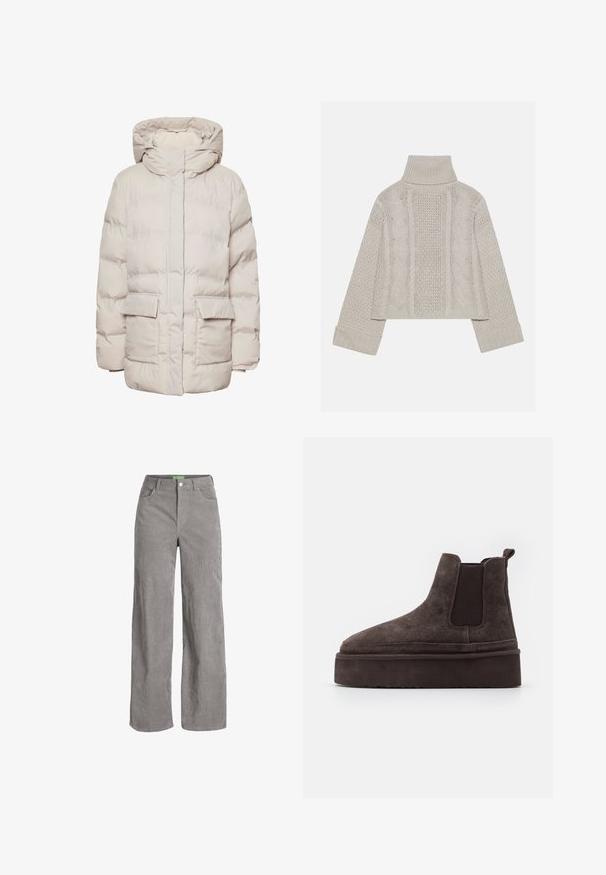 Pieces PCNORMA PUFFER - Winter coat - silver gray; Cropped, light gray knit sweater with a high collar and ribbed cuffs, featuring textured cable patterns down the back and sides.; Gray corduroy wide-leg pants with a button closure and belt loops. Features two side pockets and a soft, textured fabric.; Brown suede Chelsea boots with elastic side panels and a thick, textured platform sole. Features a pull tab at the heel for ease of wear.