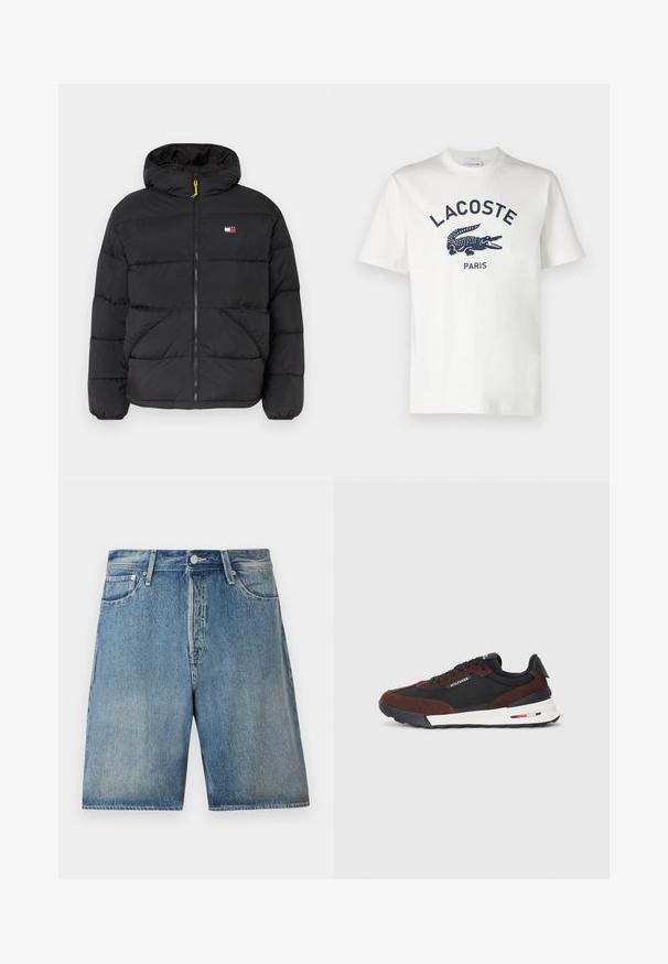 Giacca a vento nera imbottita con cappuccio, dotata di chiusura con zip, due tasche laterali e una piccola patch con logo sul petto. Accento della zip gialla.; T-shirt bianco in cotone a maniche corte, con logo Lacoste blu navy e grafica di coccodrillo centrata sul petto. Tessuto morbido.; Shorts in denim di colore azzurro chiaro, con un classico design a cinque tasche, chiusura con bottone, taglio dritto e una finitura leggermente sbiadita.; Tommy Hilfiger RETRO RUNNER MIX - Sneakers basse - black/cocoa
