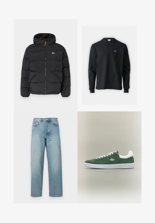 Črna izolirana puf jakna s kapuco, z zadrgo, dvema stranskima žepoma in majhnim logotipom na prsih. Rumena zadrga kot poudarek.; Črna dolgi rokavi majica iz bombaža, z okroglim ovratnikom in majhnim zelenim vezenim logotipom krokodila na levem prsnem delu.; Svetlo modri jeans z ohlapnim krojem, ravnimi hlačnicami, petimi žepi in gumbom za zapiranje pri pasu. Minimalistični detajli šivanja.; Nizkoprofilni zeleni suedenih športni copati z belimi vezalkami, belim podplatom, oblazinjenim ovratnikom in izvezenim logojem krokodila z besedilom "EST. 1933".
