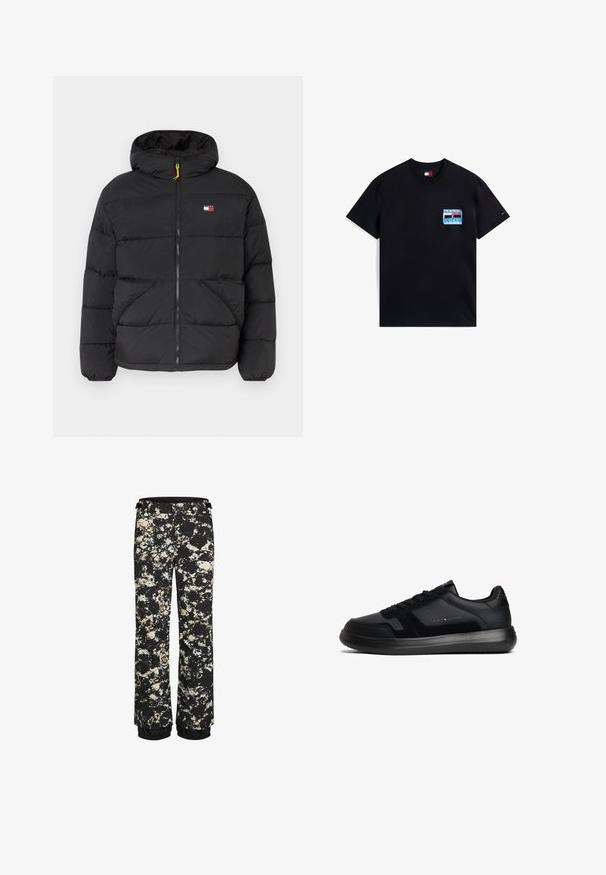 Sort isoleret puffjakke med hætte, har lynlåslukning, to sidelommer og et lille logo-patch på brystet. Gul lynlåsdetalje.; Sort bomuld t-shirt med korteærmer, med et flerfarvet grafisk logo på venstre brystlomme og mærkeetiket på ærmet.; Sorte vandtætte snebukser med et stænk mønster i creme og brun. Har elastisk cuff og justerbar talje.; Sorte sneakers lavet af læder og ruskind, med et glat design, rund tå, snørebånd foran og et diskret logo på siden.