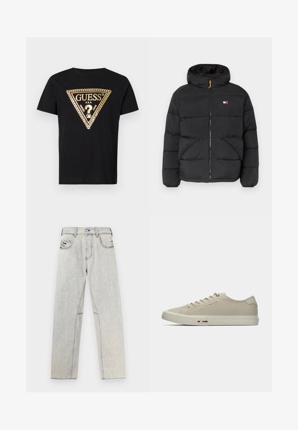 Black insulated puffer jacket with a hood, features zip closure, two side pockets, and a small logo patch on the chest. Yellow zipper accent.; Guess CHAIN - Print T-shirt - jet black; Light blue denim jeans with a straight cut, featuring contrasting stitching, two front pockets, and distressed details on the fabric.; Beige canvas sneakers with a low-top design, round toe, and a textured upper. White rubber sole with a subtle red, white, and blue stripe accent.