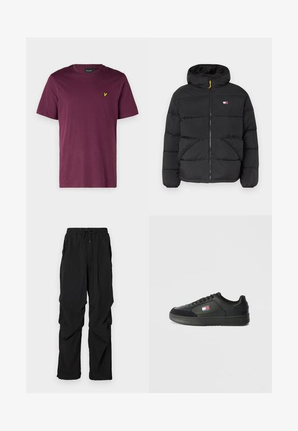 Black insulated puffer jacket with a hood, features zip closure, two side pockets, and a small logo patch on the chest. Yellow zipper accent.; Maroon cotton t-shirt with a crew neck, short sleeves, and a small yellow eagle logo on the left chest. Smooth texture, regular fit.; Black lightweight pants with an elastic waistband and adjustable drawstring. Features side pockets and a loose fit for comfort.; Black athletic sneaker with smooth leather and suede accents, rounded toe, lace-up front, and a small logo patch on the side.