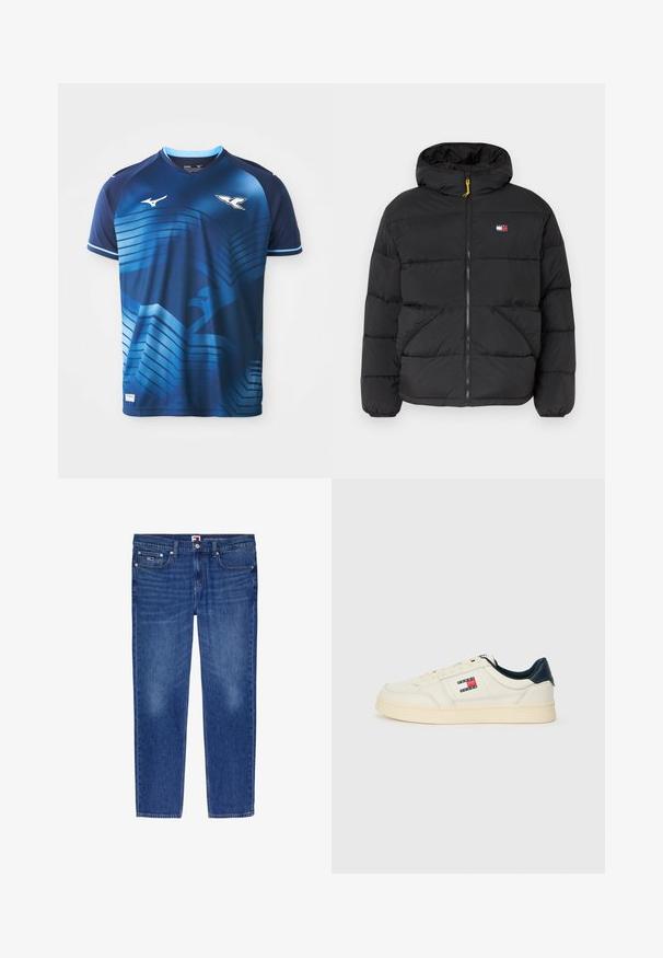 Black insulated puffer jacket with a hood, features zip closure, two side pockets, and a small logo patch on the chest. Yellow zipper accent.; Blue athletic jersey made of polyester. Features a gradient design with horizontal lines and a logo on the chest. V-neck collar and short sleeves.; Blue denim jeans with a straight fit. Standard five-pocket design, button and zip closure, faded areas near the knees, and stitching accents.; Sneakers in creamy white leather with a navy blue heel and tongue, featuring a logo patch in red, white, and blue on the side.