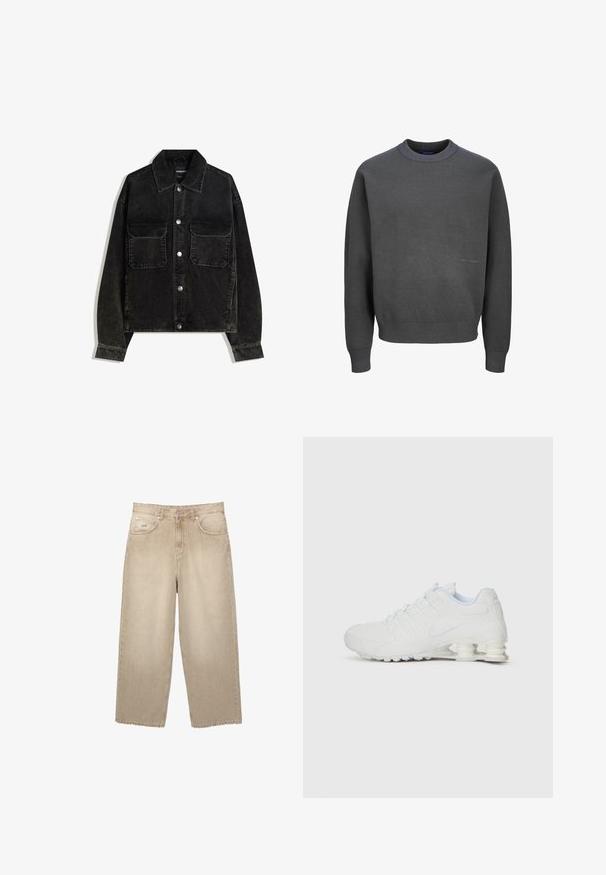 Čierna jemne ryhovaná bunda s gombíkmi na prednej strane, dvoma vreckami na hrudi a golierom. Textúrovaná tkanina s vertikálnymi ryhami.; Tmavošedý sveter vyrobený z textúrovaného pleteného materiálu, s rebrovaným výstrihom a manžetami, a jemným logom na prednej strane.; Bežové džíny s širokými nohavicami a vysokým pásom, ktoré majú strapatý lem, dve predné vrecká a decentné vyšívanie.; Biely športový topánka s hladkým syntetickým zvrškom, štruktúrovanými akcentmi a charakteristickou segmentovanou pätou na pohlcovanie nárazov. Šnurovací dizajn.