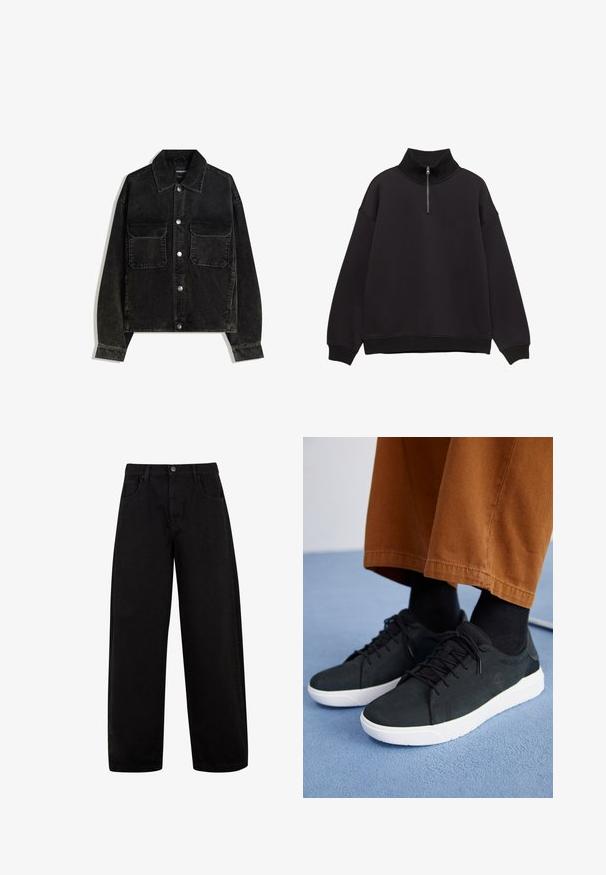 Jachetă neagră din catifea cord, cu închidere frontală cu nasturi, două buzunare la piept și guler. Material texturat cu dungi verticale.; Pulover negru din fleece, cu guler înalt, cu dungi, închidere cu fermoar la jumătate și umeri lăsați. Are croială lejeră și tiv și manșete cu dungi.; Blugi negri, cu croi larg, din denim, cu buzunare frontale, închidere cu buton și un design curat, minimalist, fără modele vizibile.; Adidași negri din suede cu talpă din cauciuc albă, cu un design cu șireturi, accente texturate și branding subtil, asortați cu pantaloni maro.