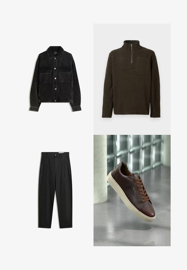 Veste en velours côtelé noire avec un devant à boutons, deux poches poitrine et un col. Tissu texturé avec des côtes verticales.; Pull en polaire marron avec un col haut, fermeture éclair quart de tour et une poche sur la poitrine. Texture douce et coupe décontractée, avec des manches longues.; Pantalon en coton noir avec une coupe décontractée, dotés d'une taille classique, de plis à l'avant et de poches latérales. Texture lisse sans motifs.; Baskets en cuir marron avec un bout arrondi, lacets marron et semelle en caoutchouc beige. Présente un branding minimaliste sur le côté.