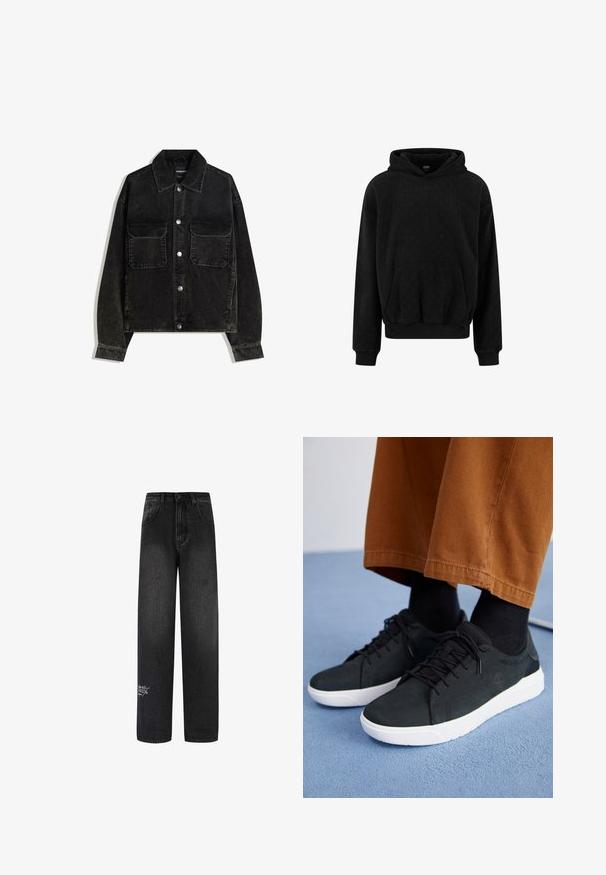 Czarna kurtka z kordurowej tkaniny z zapięciem na guziki z przodu, dwoma kieszeniami na piersi oraz kołnierzem. Teksturowany materiał z pionowymi prążkami.; Czarna bluza z kapturem wykonana z teksturowanej tkaniny, z kieszenią kangurką oraz ściągaczami na rękawach i u dołu. Prosty, codzienny design.; Czarne dżinsy o szerokich nogawkach i wysokim stanie, z dwoma przednimi kieszeniami i dekoracyjnym logo na dolnej części nogi.; Czarne zamszowe trampki z białymi gumowymi podeszwami, z wiązaniem, teksturowanymi akcentami i subtelnym logo, w połączeniu z brązowymi spodniami.