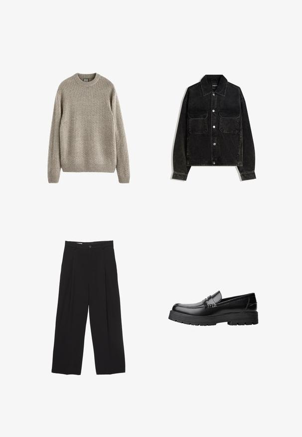 Giacca in velluto nero con chiusura a bottoni, due tasche sul petto e colletto. Tessuto testurizzato con righe verticali.; Maglione beige a coste con scollo rotondo, maniche lunghe e un motivo a maglia strutturato. Presenta un orlo e polsini a coste.; Pantaloni neri a gamba larga realizzati in tessuto morbido, con vita piatta, pinces frontali e chiusura con un bottone.; Mocassino in pelle nera con suola spessa e tassellata e fascia decorativa sulla parte superiore, mostrato in profilo sinistro su sfondo bianco.