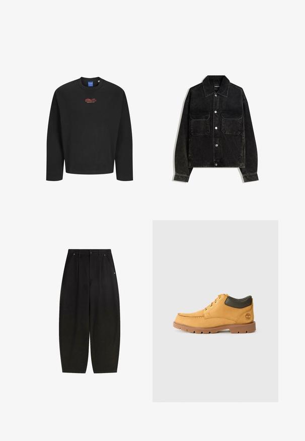 Giacca in velluto nero con chiusura a bottoni, due tasche sul petto e colletto. Tessuto testurizzato con righe verticali.; Felpa nera a maniche lunghe con colletto a girocollo a costine e grande testo ricamato rosso che legge "Studio Originals" sul petto.; Pantaloni neri a gamba larga con tasche anteriori, design plissettato e finitura pulita. Realizzati in tessuto testurizzato con chiusura a bottone.; Scarpa in pelle gialla con suola in gomma marrone, punta rotonda e dettaglio in pelle verde alla caviglia. Presenta occhielli dorati e dettagli di cucitura.