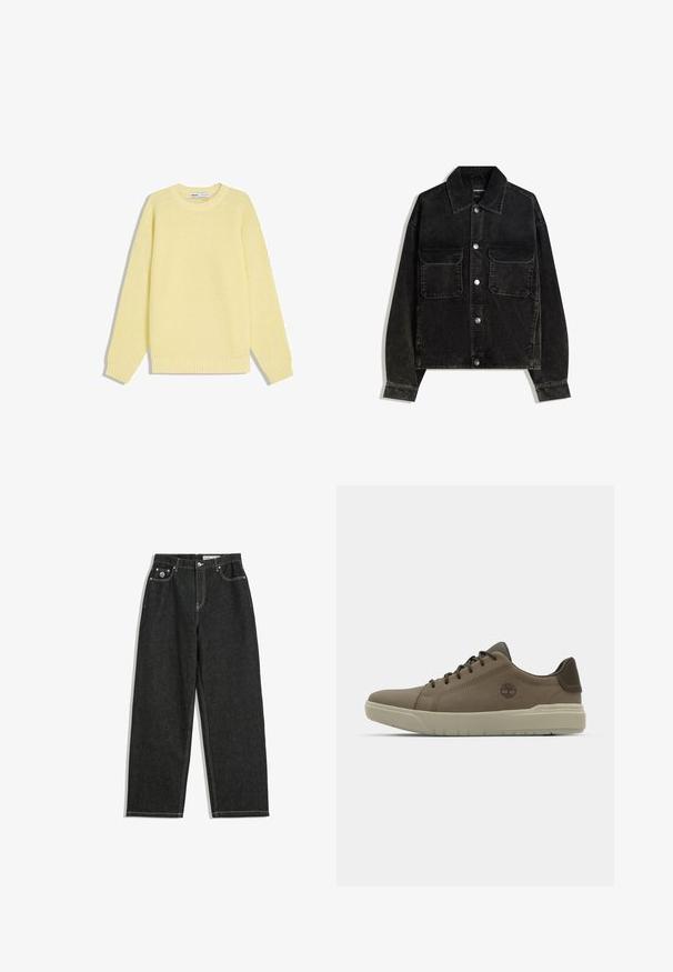 Schwarze Cordjacke mit knöpfbarem Vorderteil, zwei Brusttaschen und Kragen. Strukturiertes Gewebe mit vertikalen Rillen.; Gelber Strickpullover mit geripptem Muster, rundem Halsausschnitt und langen Ärmeln. Verfügt über eine gerade Silhouette und elastischen Saum.; Schwarze gerade geschnittene Jeans mit weißen Nähten, Fünf-Taschen-Design, Knopf- und Reißverschluss, und einem kleinen Logo auf der vorderen rechten Tasche.; Braune Ledersneaker mit niedriger Profil, Gummisohle und grünen Akzenten; ausgestattet mit Logo an der Seite und strukturierten Paneelen für besseren Grip.