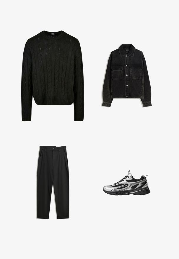 Fekete bordás dzseki gombos elülső résszel, két mellzsebbel és galléros nyakkal. Texturált anyag, függőleges bordákkal.; Fekete kötött pulóver, kábelmintás, kerek nyakkivágással, ejtett vállakkal és bordázott aljjal. Közepes hosszúságú fazon, texturált felülettel.; Fekete pamut nadrág laza szabással, klasszikus derékrésszel, elülső hajtásokkal és oldalsó zsebekkel. Simább textúra minta nélkül.; Futócipő fémes ezüst és fekete dizájnnal, hálós panelek, vastag fekete talp, valamint fűzős záródás húzószalagokkal a nyelvén és a sarkán.