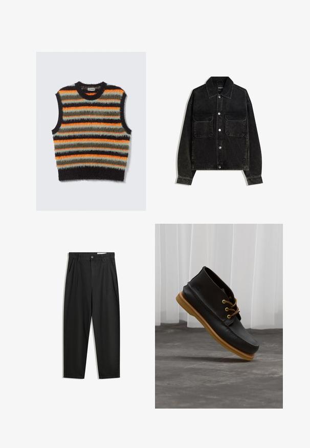 Čierna jemne ryhovaná bunda s gombíkmi na prednej strane, dvoma vreckami na hrudi a golierom. Textúrovaná tkanina s vertikálnymi ryhami.; Bezrukávový chlpatý pletený sveter s vodorovnými pruhmi v čiernej, oranžovej, olivovozelenej a svetlosivej farbe, s okrúhlym výstrihom.; Čierne bavlnené nohavice s voľným strihom, s klasickým pásom, prednými záhybmi a bočnými vreckami. Hladká textúra bez vzorov.; Čierne kožené topánky s hladkým povrchom, okrúly špička, hnedé šnúrky a svetlohnedé gumové podrážky. Logo je embosované na boku.