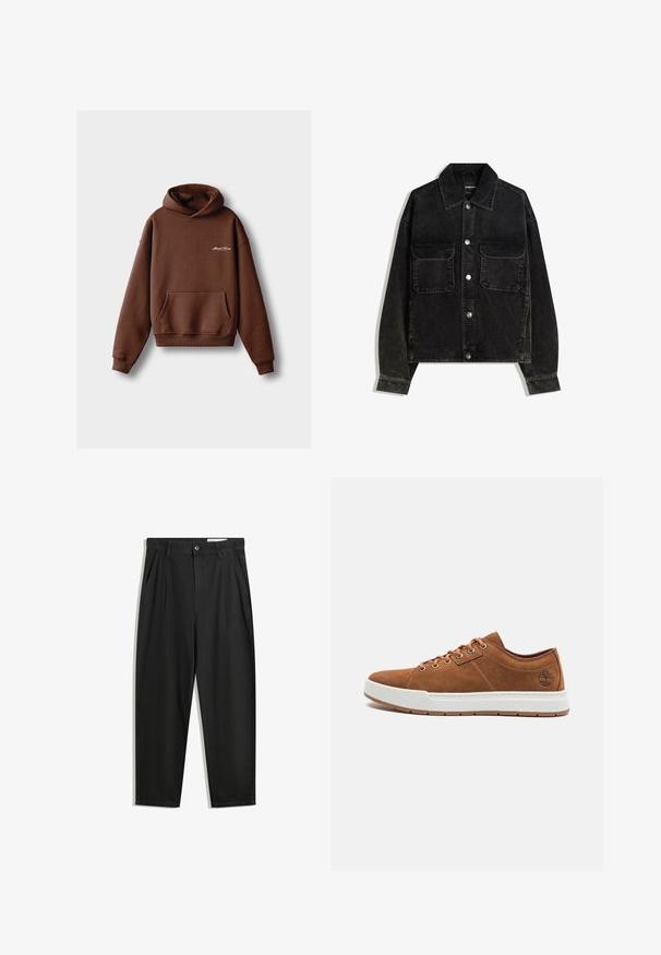 Črna kordna jakna z gumbnico spredaj, dvema žepoma na prsih in ovratnikom. Teksturen material z vertikalnimi rebrami.; Rjava kapuca iz mehkega blaga, z sprednjim žepom, rebrastimi manšetami in kapuco na vrvico. Vključuje belo vezeno znamko.; Črne bombažne hlače s sproščenim krojem, ki vključujejo klasičen pas, sprednje gube in stranske žepke. Gladka tekstura brez vzorcev.; Rjavi nubuk tenisice z belo gumijasto podplatom, okroglo konico, šestimi kovinskimi očesci in embosiranim logotipom na stranski strani. Klasičen dizajn na vezalko.