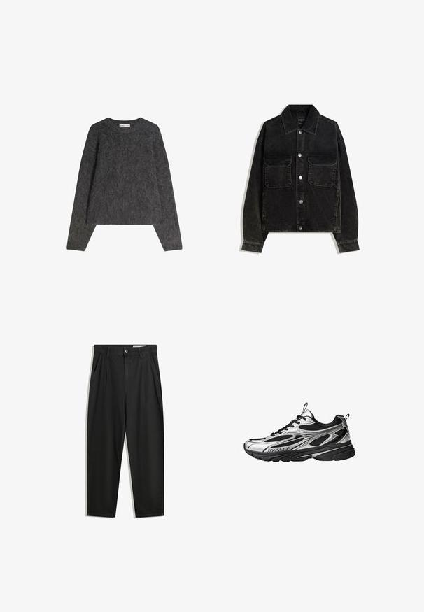 Veste en velours côtelé noire avec un devant à boutons, deux poches poitrine et un col. Tissu texturé avec des côtes verticales.; Bershka FUZZY - Pullover - dark grey; Pantalon en coton noir avec une coupe décontractée, dotés d'une taille classique, de plis à l'avant et de poches latérales. Texture lisse sans motifs.; Chaussure de course avec un design argent métallique et noir, des panneaux en mesh, une semelle épaisse noire et un système de laçage avec des tirettes sur la languette et le talon.