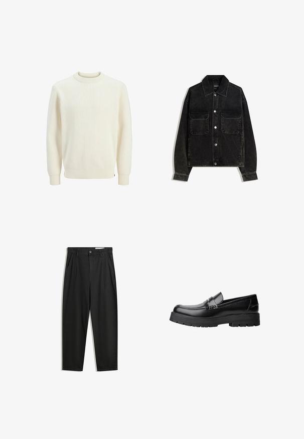 Sort fløjlsjakke med knaplukning fortil, to brystlommer og krave. Tektureret stof med lodrette ribber.; Cremefarvet ribbet sweater med rund halsudskæring, lange ærmer og elastiske manchetter. Stoffet ser tekstureret og let strækbart ud.; Sorte bomuldsbukser med en afslappet pasform, der har en klassisk talje, frontfolder og sidelommer. Glat tekstur uden mønstre.; Sort læderloafer med kraftig sål og dekorativ rem henover, vist i venstre sideprofil på hvid baggrund.