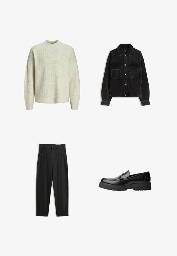 Sort fløjlsjakke med knaplukning fortil, to brystlommer og krave. Tektureret stof med lodrette ribber.; Lys beige striktrøje med et struktureret vaffelmønster. Har en høj hals samt ribbede manchetter og kant. Blød, mellemvægtig stof.; Sorte bomuldsbukser med en afslappet pasform, der har en klassisk talje, frontfolder og sidelommer. Glat tekstur uden mønstre.; Sort læderloafer med kraftig sål og dekorativ rem henover, vist i venstre sideprofil på hvid baggrund.