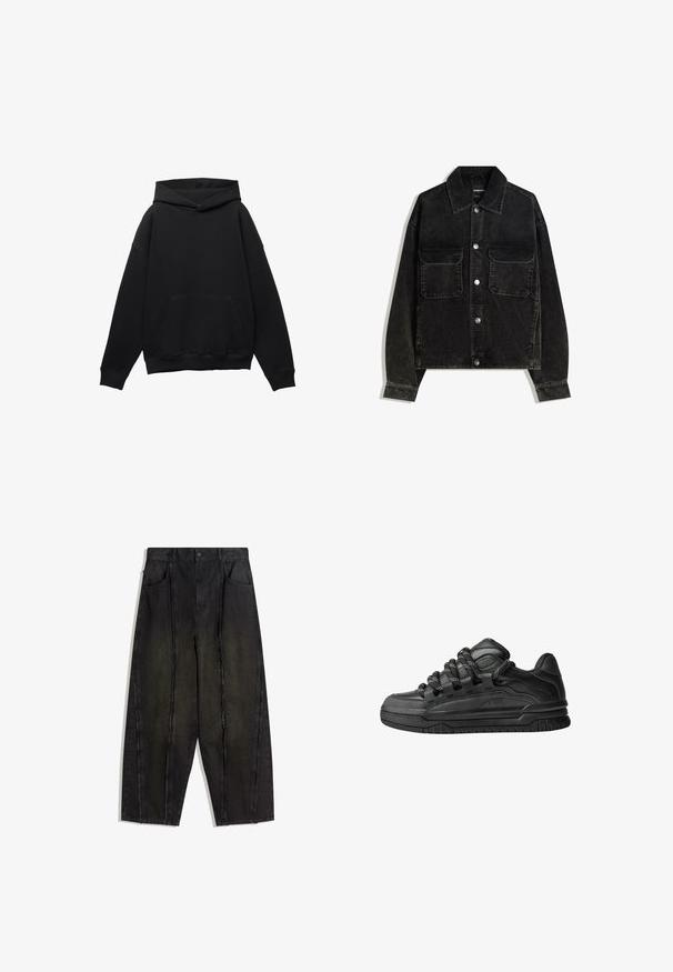 Czarna kurtka z kordurowej tkaniny z zapięciem na guziki z przodu, dwoma kieszeniami na piersi oraz kołnierzem. Teksturowany materiał z pionowymi prążkami.; Czarna bluza z kapturem z miękkiego materiału, z przednią kieszenią, w oversize'owym kroju i z regulowanym kapturem. Posiada ribbowane mankiety i dół.; Czarne szerokie spodnie dżinsowe z widocznymi szwami i postrzępionymi krawędziami, z dwoma przednimi kieszeniami i wysokim stanem.; Czarne sneakersy z gładką skórzaną cholewką, teksturowanymi akcentami i okrągłymi czarno-białymi sznurowadłami. Gruba gumowa podeszwa z wzorzystym bieżnikiem.