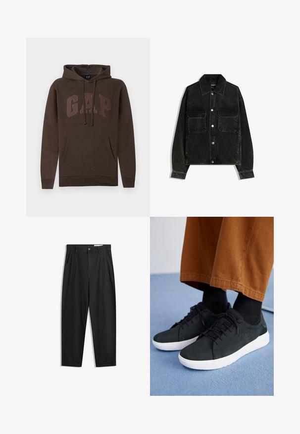 Giacca in velluto nero con chiusura a bottoni, due tasche sul petto e colletto. Tessuto testurizzato con righe verticali.; Felpa marrone con tasca a marsupio, cordini e logo "GAP" di un marrone più chiaro sul petto. Comoda miscela di cotone.; Pantaloni in cotone neri con una vestibilità rilassata, dotati di una vita classica, pieghe frontali e tasche laterali. Tessuto liscio senza fantasie.; Sneakers in suede nera con suole in gomma bianca, dotati di un design con lacci, accenti testurizzati e branding sottile, abbinati a pantaloni marroni.