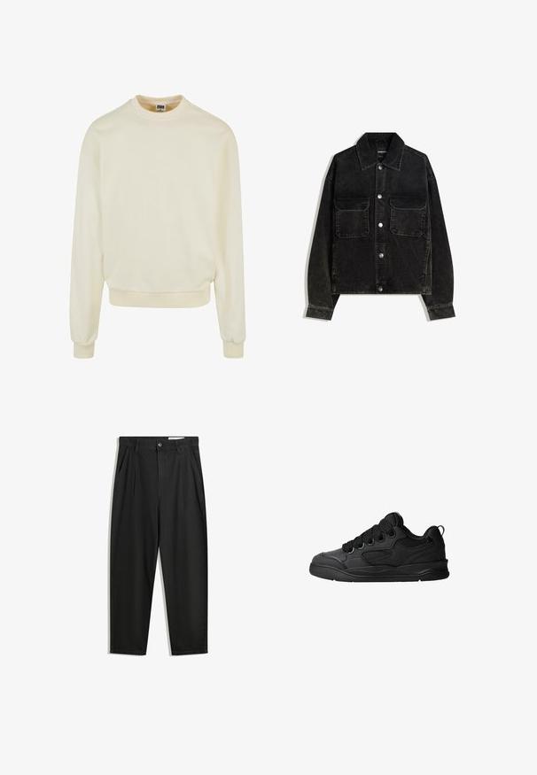 Czarna kurtka z kordurowej tkaniny z zapięciem na guziki z przodu, dwoma kieszeniami na piersi oraz kołnierzem. Teksturowany materiał z pionowymi prążkami.; Kremowy sweter z miękkiego materiału, z okrągłym dekoltem, długimi rękawami oraz ściągaczami przy mankietach i u dołu. Bez wzorów ani grafik.; Czarne bawełniane spodnie o luźnym kroju, z klasycznym pasem, przednimi plisy oraz bocznymi kieszeniami. Gładka struktura, bez wzorów.; Czarne sneakersy z teksturowaną cholewką, z sznurowadłami, siateczkowymi akcentami dla lepszej wentylacji, wyściełanym kołnierzem oraz solidną podeszwą.