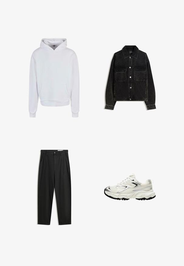 Jachetă neagră din catifea cord, cu închidere frontală cu nasturi, două buzunare la piept și guler. Material texturat cu dungi verticale.; Hanorac alb cu glugă, prezentând un buzunar tip kangaroo în față, manșete și tiv cu nervuri. Fabricat dintr-un material moale cu o textură netedă.; Pantaloni negri din bumbac cu croială lejeră, având un brâu clasic, plii frontale și buzunare laterale. Textură netedă fără modele.; Adidași albi cu un superior din plasă, accente argintii, talpă neagră și panouri texturate. Caracteristici includ un design cu șireturi și o formă de vârf rotunjit.