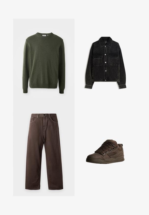 Črna kordna jakna z gumbnico spredaj, dvema žepoma na prsih in ovratnikom. Teksturen material z vertikalnimi rebrami.; Temnozeleni pulover, okrogli ovratnik, dolgi rokavi, rebrasti manšeti in rob, mehak material, preprost dizajn, brez vidnih vzorcev ali okrasitev.; Rjave široke hlače iz bombaža, ki imajo klasičen dizajn s petimi žepi, zadrgo in vidne šive.; Rjave športne čevlje, izdelane iz gladkega sintetičnega materiala. Imajo debele vezalke, mrežaste dodatke, podložen ovratnik in strukturo gumijastega podplata.