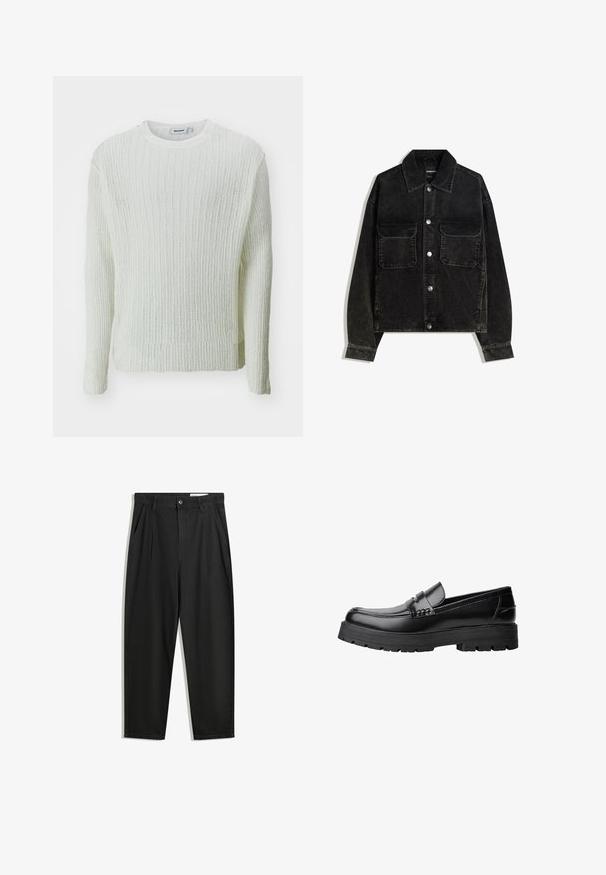 Giacca in velluto nero con chiusura a bottoni, due tasche sul petto e colletto. Tessuto testurizzato con righe verticali.; Weekday JORDAN REGULAR - Maglione - white; Pantaloni in cotone neri con una vestibilità rilassata, dotati di una vita classica, pieghe frontali e tasche laterali. Tessuto liscio senza fantasie.; Mocassino in pelle nera con suola spessa e tassellata e fascia decorativa sulla parte superiore, mostrato in profilo sinistro su sfondo bianco.