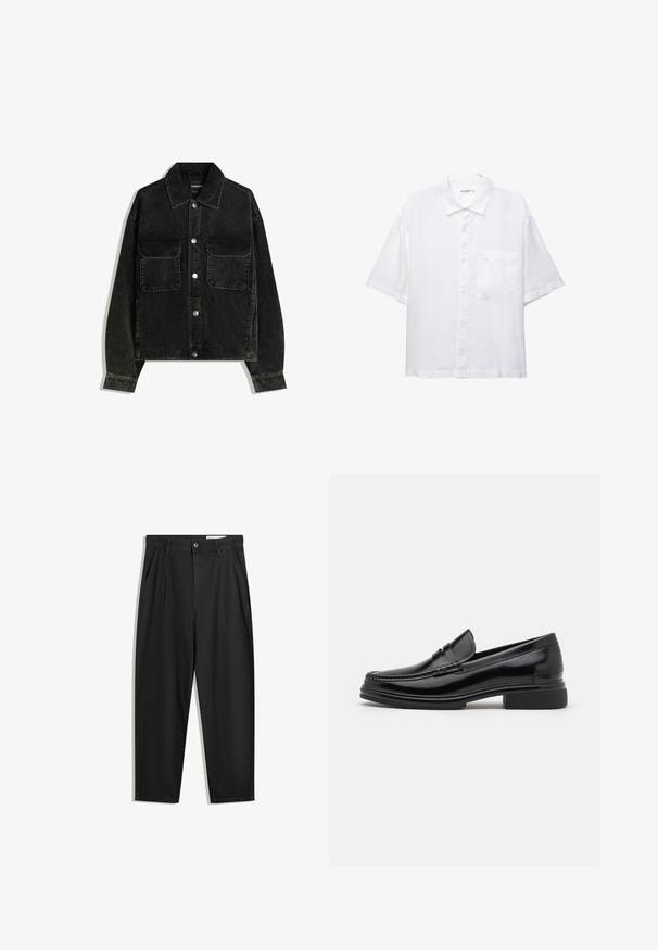 Fekete bordás dzseki gombos elülső résszel, két mellzsebbel és galléros nyakkal. Texturált anyag, függőleges bordákkal.; Fehér, rövid ujjú ing gombos elülső résszel, gallérral és egyetlen mellzsebbel. Könnyű anyagból készült, sima textúrával.; Fekete pamut nadrág laza szabással, klasszikus derékrésszel, elülső hajtásokkal és oldalsó zsebekkel. Simább textúra minta nélkül.; Fekete bőr mokaszinok lekerekített orrával, a lábfején varrott részlettel és alacsony blokk sarkukkal. Sima textúra és fényes felület.