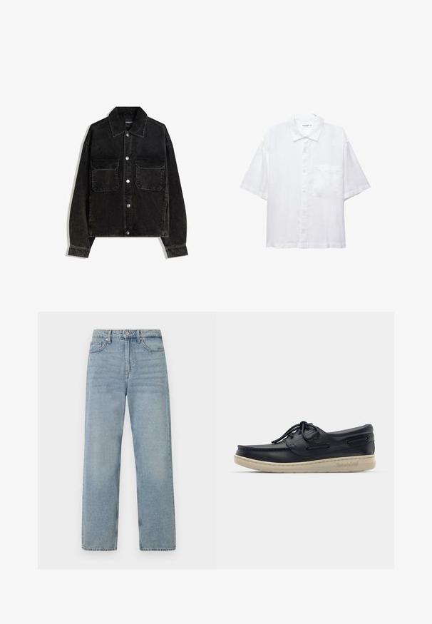 Črna kordna jakna z gumbnico spredaj, dvema žepoma na prsih in ovratnikom. Teksturen material z vertikalnimi rebrami.; Bela kratkosleeve srajca z gumbnim zapiranjem spredaj, ovratnikom in enim žepom na prsih. Narejena je iz lahkega materiala z gladko teksturo.; Svetlo modri jeans z visokim pasom, naravnim krojem, petimi žepi in subtilnim zbledelostjo za efekt nošenja.; Mornarice usnjeni čolnički čevelj z nizkim profilom, belo gumijasto podplato, okroglimi vezalkami in dekorativnim stranskim šivom; vsebuje kovinske luknje za vezalke in logotip.