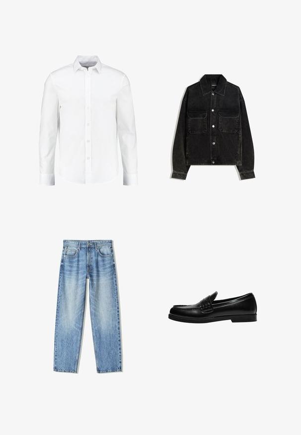Črna kordna jakna z gumbnico spredaj, dvema žepoma na prsih in ovratnikom. Teksturen material z vertikalnimi rebrami.; Bela srajca z dolgimi rokavi z gumbi, izdelana iz gladkega bombaža. Ima klasičen ovratnik in zapiranje na gumb spredaj z ravnim robom.; Svetlo modri kavbojke z ohlapnim krojem, ravnim nogavicama, petimi žepi in zbledelim videzom. Imajo zadrgo in gumb na sprednji strani.; Črne usnjene loafer čevlje z gladko površino, ki imajo šivano dekoracijo na vampu in nizko, trdo črno gumijasto podplat.