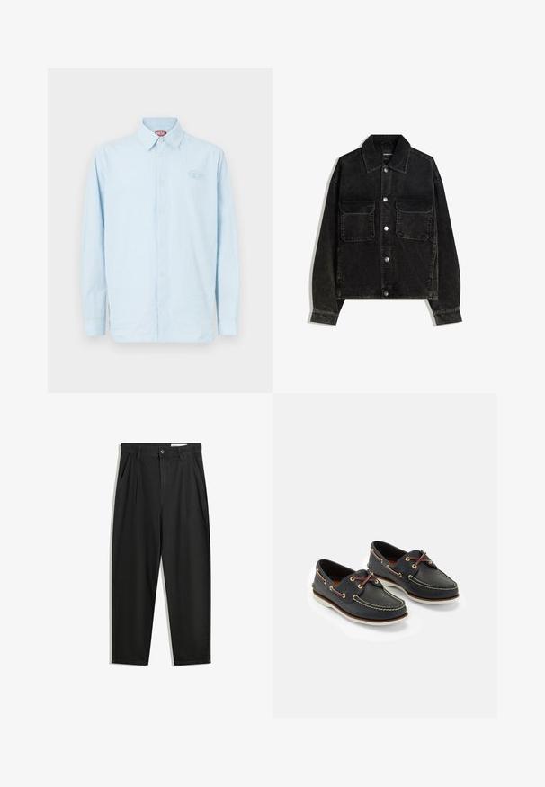 Black corduroy jacket with a button-up front, two chest pockets, and a collared neck. Textured fabric with vertical ridges.; Light blue long-sleeve shirt with vertical white stripes, button-down collar, and small embroidered logo on the chest, made of woven fabric.; Black cotton trousers with a relaxed fit, featuring a classic waistband, front pleats, and side pockets. Smooth texture without patterns.; Navy leather boat shoes with yellow stitching, red laces, and silver eyelets; round toe; white rubber sole.