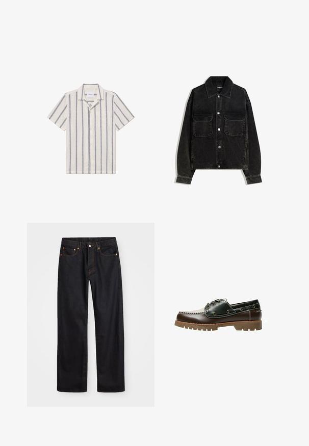 Čierna jemne ryhovaná bunda s gombíkmi na prednej strane, dvoma vreckami na hrudi a golierom. Textúrovaná tkanina s vertikálnymi ryhami.; Košeľa s krátkym rukávom v svetlo béžovej látke s tmavomodrými vertikálnymi pruhmi, so zapínaním na gombíky vpredu a náprsníkom.; Pánske rovné čierne riflové nohavice s piatimi vreckami a oranžovým prešívaním, s gombíkom a zipsom na prednom páse.; Hnedé a zelené kožené lodné topánky s bielym nastrihaným vzorom, guľatými šnúrkami a textúrovanou gumovou podrážkou. Odolná konštrukcia s kovovými očkami.