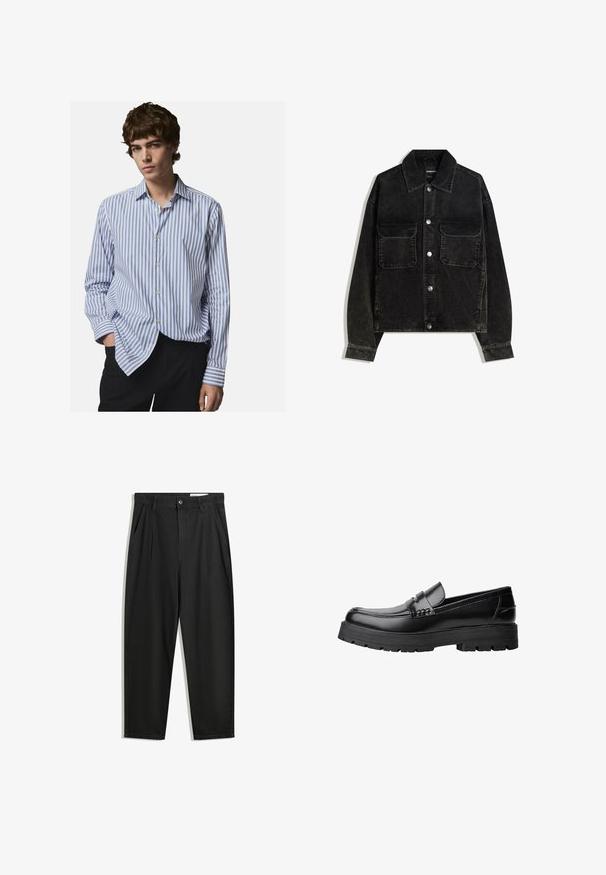 Zwarte corduroy jas met een knoopsluiting aan de voorkant, twee borstzakken en een kraag. Gelaagd weefsel met verticale ribbels.; Gestreept overhemd met knopen in wit en blauw. Kenmerkend voor een klassieke kraag, lange mouwen en een ontspannen pasvorm. Zachte stof met een lichte glans.; Zwarte katoenen broeken met een losse pasvorm, voorzien van een klassieke tailleband, voorplooien en zijzakken. Gladde structuur zonder patronen.; Zwarte leren loafer met een chunky profielzool en een decoratieve band over de bovenkant, weergegeven in het linkerzijprofiel op een witte achtergrond.