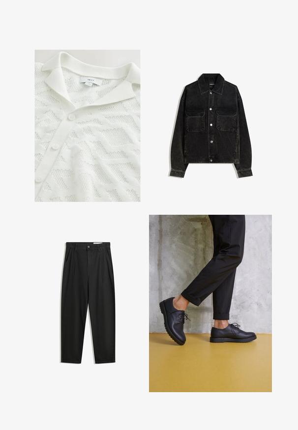 Zwarte corduroy jas met een knoopsluiting aan de voorkant, twee borstzakken en een kraag. Gelaagd weefsel met verticale ribbels.; Witte gebreide cardigan met een gestructureerd geometrisch patroon, een polokraag en drie knoopsluitingen aan de voorkant.; Zwarte katoenen broeken met een losse pasvorm, voorzien van een klassieke tailleband, voorplooien en zijzakken. Gladde structuur zonder patronen.; Zwart leren veterschoenen met een ronde neus, gestructureerd oppervlak en dikke rubberen zool. Gekocht met opgerolde zwarte broeken tegen een betonnen achtergrond.