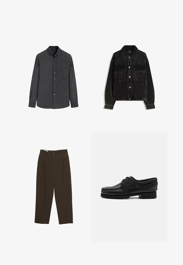 Czarna kurtka z kordurowej tkaniny z zapięciem na guziki z przodu, dwoma kieszeniami na piersi oraz kołnierzem. Teksturowany materiał z pionowymi prążkami.; Ciemnoszara, długosleeve koszula zapinana na guziki z kieszonką na piersi i zapięciem przy kołnierzyku, prezentowana na białym tle.; Ciemnobrązowe dopasowane spodnie z przodu z zakładkami, szlufkami na pasek i zapięciem na guzik w talii.; Czarny but z skórzaną cholewką, tekstylnymi akcentami, okrągłymi sznurowadłami i teksturowaną gumową podeszwą. Posiada przeszycia w stylu mokasynowym oraz szczegóły z logo.