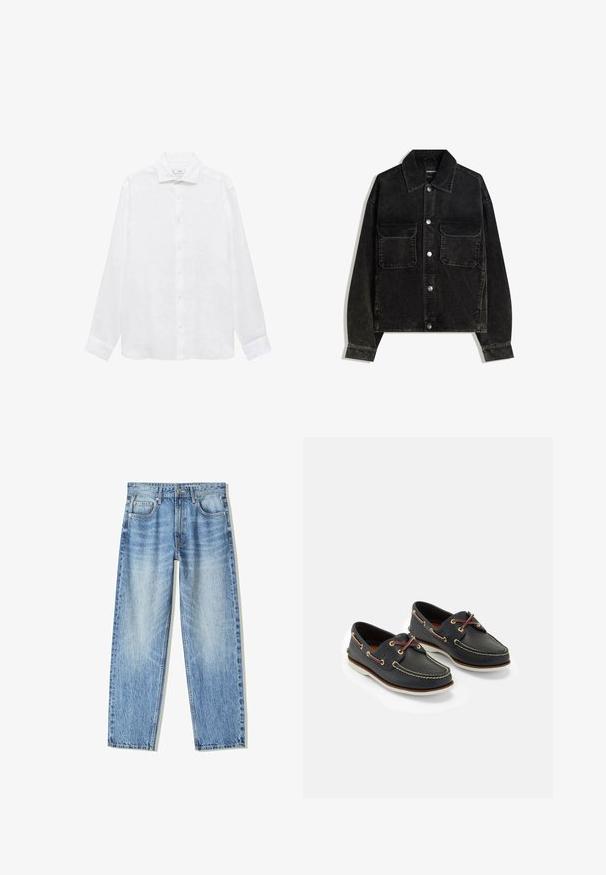 Zwarte corduroy jas met een knoopsluiting aan de voorkant, twee borstzakken en een kraag. Gelaagd weefsel met verticale ribbels.; Witte lange mouwen shirt, gemaakt van een lichtgewicht stof. Heeft een klassieke kraag, knopenlijst en manchet met afgeronde randen.; Lichtblauwe denim jeans met een losse pasvorm, recht gesneden pijpen, vijf zakken en een vervaagde textuur. Voorzien van een knoop- en ritssluiting aan de voorkant.; Marine leren botenschoenen met gele stiksels, rode veters en zilveren oogjes; ronde neus; witte rubberen zool.