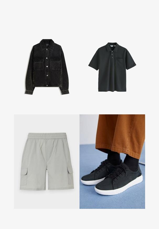 Čierna jemne ryhovaná bunda s gombíkmi na prednej strane, dvoma vreckami na hrudi a golierom. Textúrovaná tkanina s vertikálnymi ryhami.; Čierne polo tričko z bavlny, s golierom, trojitou gombíkovou lištou, krátkymi rukávmi a náprsné vrecko.; Svetlošedé cargo šortky s elastickým pásom, dvoma bočnými vreckami a dvoma cargo vreckami s klopami pre väčšiu funkčnosť.; Čierne zamatové tenisky s bielymi gumovými podrážkami, so šnurovacím dizajnom, textúrovanými akcentami a decentným brandingom, skombinované s hnedými nohavicami.