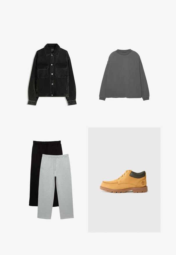 Crna kord jakna s gumbima sprijeda, dva džepa na prsima i ovratnikom. Tekstuirani materijal s vertikalnim trakama.; Siva dukserica dugih rukava s okruglim izrezom, spuštenim ramenima i manžetama na rukavima. Mekana tekstura, minimalistički dizajn i bez vidljivih uzoraka.; Dva para hlača: jedan crni, jedan svijetlosivi. Od mekane tkanine, oba imaju elastičnu traku u struku s vezicom i bočne džepove.; Žute kožne cipele s smešnim gumenim potplatom, okruglim vrhom i zelenim kožnim detaljem oko gležnja. Imaju zlatne rupice za vezivanje i ukrasne šavove.