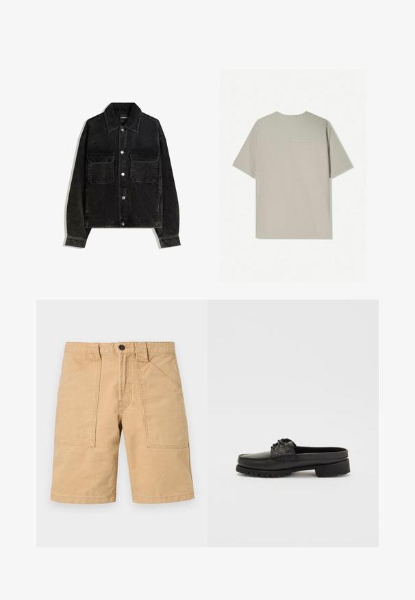 Crna kord jakna s gumbima sprijeda, dva džepa na prsima i ovratnikom. Tekstuirani materijal s vertikalnim trakama.; Bež pamukasta majica s kratkim rukavima. Ima jednostavan dizajn i okrugli izrez. Glatka tekstura s minimalnim šavovima na leđima.; Kaki šorts od pamuka s grubom teksturom, s dva prednja džepa i kopčanjem na dugme u struku.; Crne kožne cipele bez vezivanja s detaljima od čipke, zaobljenog vrha i teksturiranom potplatu. Imaju lagano povišeni potplat i glatku završnu obradu.