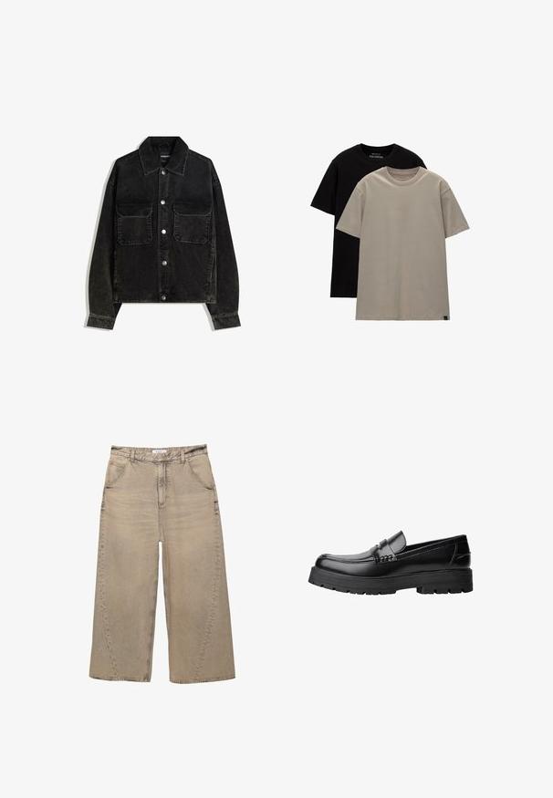 Mustat korduroy-takki napitus edessä, jossa on kaksi rintataskua ja kauluksellinen kaula. Teksturoitu kangas, jossa on pystysuorat urat.; Kaks t-paita; yksi musta, yksi vaaleanbeige. Normaali istuvuus, pyöreä kaula-aukko, pehmeää puuvillakangasta. Yksinkertainen muotoilu, ei kuvioita.; PULL&BEAR MEGA BAGGY - Baggy-farkut - light grey; Musta nahkainen loaferi, jossa on paksu urheilupohja ja koristeellinen hihna yläpääkkeellä, esitettynä vasemman sivuprofiilin kuvassa valkoista taustaa vasten.