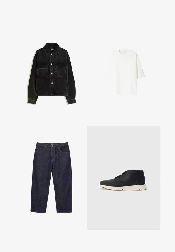 Crna kord jakna s gumbima sprijeda, dva džepa na prsima i ovratnikom. Tekstuirani materijal s vertikalnim trakama.; Bijela majica kratkih rukava od pamuka, s okruglim izrezom i ležernim krojem te ravnim rubom.; Tamno plave traperice ravnog kroja s prednjim dugmetom, zatvaranjem na patentni zatvarač i pet džepova, prikazane na bijeloj pozadini.; Crne kožne chukka čizme s bijelim gumenim potplatom, s okruglim vezicama i ugraviranim logotipom na peti. Glatka tekstura kroz cijeli model.