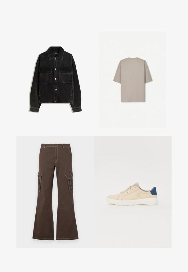 Veste en velours côtelé noire avec un devant à boutons, deux poches poitrine et un col. Tissu texturé avec des côtes verticales.; T-shirt à manches courtes en coton beige clair, avec un col rond et un design minimaliste sans motifs ni accents visibles.; Pantalons cargo marron avec des jambes évasées, dotés de poches latérales, d'accents de couture blanche et d'une fermeture à bouton en métal.; Baskets beiges en daim, avec une semelle blanche, des lacets beiges et un accent bleu sur le talon. Logo embossé sur le côté.