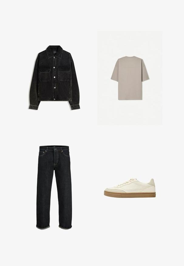 Czarna kurtka z kordurowej tkaniny z zapięciem na guziki z przodu, dwoma kieszeniami na piersi oraz kołnierzem. Teksturowany materiał z pionowymi prążkami.; T-shirt z krótkim rękawem w jasnym beżu z bawełny, z okrągłym dekoltem i minimalistycznym designem, bez widocznych wzorów lub akcentów.; Granatowe dżinsy o prostym kroju, z zapięciem na guzik i zamek, podwiniętymi nogawkami oraz kontrastowymi przeszyciami.; Białe skórzane sneakersy niskie z beżowymi akcentami i teksturowaną gumową podeszwą. Posiadają tonalne szwy i zaokrąglony design nosa.