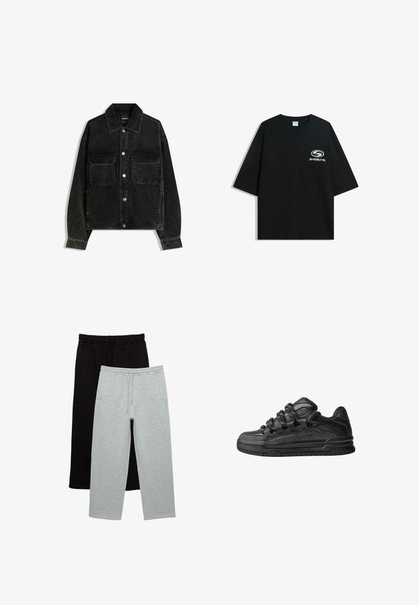 Mustat korduroy-takki napitus edessä, jossa on kaksi rintataskua ja kauluksellinen kaula. Teksturoitu kangas, jossa on pystysuorat urat.; Mustat ylipitkät puuvillapaidat, joissa on pyöreä kaula-aukko ja lyhyet hihat, etuosassa valkoinen "Shibuya" -logo.; Kaksi paria housuja: toiset mustat, toiset vaaleanharmaat. Pehmeästä kankaasta valmistetut, molemmissa on joustava vyötärö, jossa on nyöri, sekä sivutaskut.; Mustat tennarit, joissa on sileä nahkapinta, teksturoituja yksityiskohtia ja pyöreät musta-valkoiset nauhat. Paksu kumipohja, jossa on kuvioitu pinta.