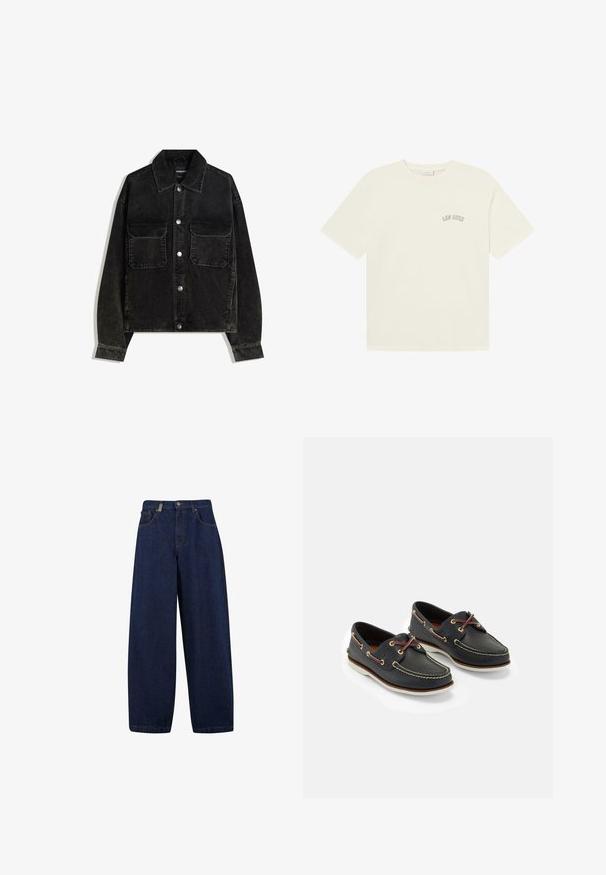 Sort fløjlsjakke med knaplukning fortil, to brystlommer og krave. Tektureret stof med lodrette ribber.; Cremefarvet bomulds t-shirt med korte ærmer og rund halsudskæring, udstyret med teksten "LES DEUX" i et buet design på brystet.; Løse, mørkeblå denimjeans med høj talje, frontlommer og lige ben. Inkluderer sølvfarvet hardware og minimal syning.; Marine læderbådssko med gul syning, røde snørebånd og sølv øjer; rund tå; hvid gummisål.