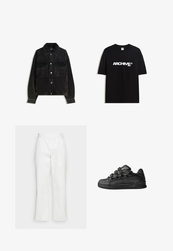 Schwarze Cordjacke mit knöpfbarem Vorderteil, zwei Brusttaschen und Kragen. Strukturiertes Gewebe mit vertikalen Rillen.; Schwarzes Baumwoll-T-Shirt mit einem weißen "ARCHIVE inc." Logo auf der Brust, kurzen Ärmeln und einem Rundhalsausschnitt.; Weiße Baumwollhosen mit geradem Bein, Gürtelschlaufen und Seitentaschen, mit einer glatten Textur und minimaler Ausgestaltung.; Schwarze Sneakers mit einem glatten Leder-Obermaterial, strukturierten Akzenten und runden schwarz-weißen Schnürsenkeln. Dicke Gummisohle mit einem gemusterten Profil.