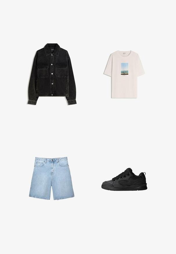 Černá kordurová bunda s předním zapínáním na knoflíky, dvěma náprsními kapsami a límcem. Texturovaná tkanina s vertikálními pruhy.; Bílé bavlněné tričko s obdélníkovým grafickým designem mořského výhledu a dvou židlí, s modrou oblohou a vodními tóny.; Světle modré džínové šortky s volným střihem, pět kapsami, a zapínáním na knoflík a zip. Mají švy a standardní pas.; Černé tenisky s texturovaným svrškem, obsahující šněrování, síťované detaily pro prodyšnost, polstrovaný límec a pevnou podrážku.