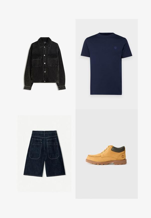 Černá kordurová bunda s předním zapínáním na knoflíky, dvěma náprsními kapsami a límcem. Texturovaná tkanina s vertikálními pruhy.; Námořnická modrá bavlněná trička s kulatým výstřihem, krátkými rukávy a malým vyšitým logem na hrudi. Hladká textura, klasický střih.; Tmavě modré denimové šortky s volným střihem, obsahující dvě zadní kapsy, kontrastní šití a rovný střih nohavic.; Žlutá kožená bota s hnědou gumovou podrážkou, kulatou špičkou a zeleným koženým detailem kolem kotníku. Obsahuje zlaté očky a akcenty v šití.