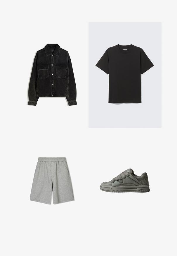 Black corduroy jacket with a button-up front, two chest pockets, and a collared neck. Textured fabric with vertical ridges.; Black short-sleeve T-shirt made of soft cotton, featuring a round neckline and simple design without patterns or accents.; Gray cotton shorts with an elastic waistband, featuring side pockets and a relaxed fit. Smooth texture and knee-length design.; Gray athletic shoe with textured leather and mesh upper, thick rubber sole, and prominent padded tongue and sides. Laces and side accents included.