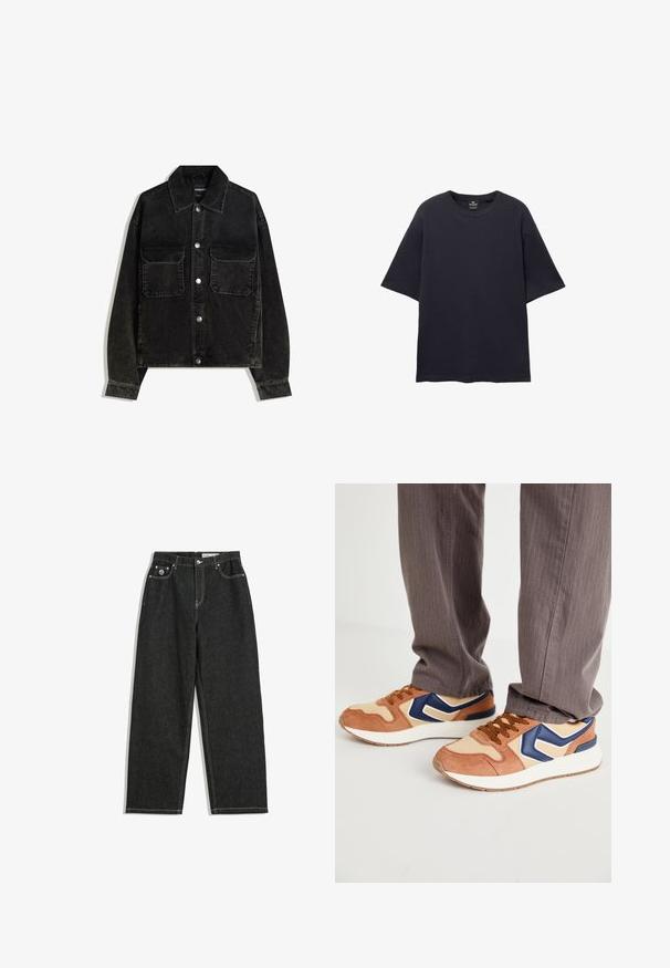 Crna kord jakna s gumbima sprijeda, dva džepa na prsima i ovratnikom. Tekstuirani materijal s vertikalnim trakama.; PULL&BEAR SHORT SLEEVE TEXTURED WEAVE - Osnovna majica kratkih rukava - dark blue; Crne traperice ravnog kroja s bijelim šavovima, dizajn od pet džepova, zatvaranje na gumbe i patentni zatvarač, te mali logo na prednjem desnom džepu.; Tenisice od miješanog smeđeg nubuka i kremastog sintetičkog materijala, s plavim akcentom i teksturiranom potplatom; smeđe vezice; nošene s hlačama sivi prugama.